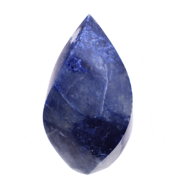 Polished 11.5cm piece of natural sodalite gemstone in the shape of a flame. Buy online shop.