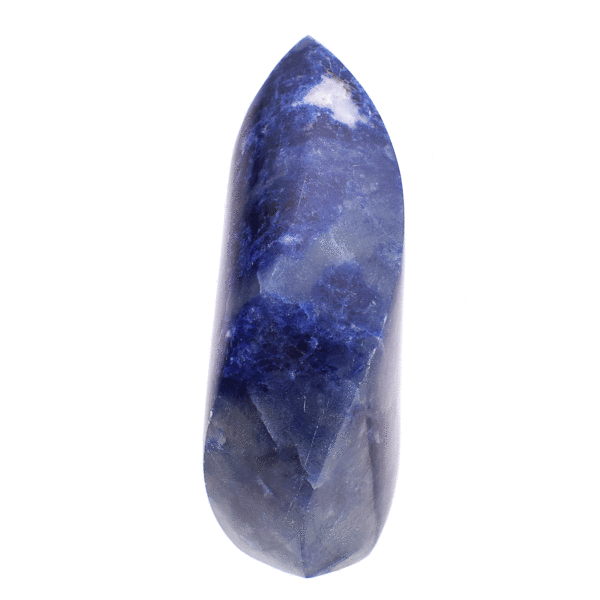 Polished 11.5cm piece of natural sodalite gemstone in the shape of a flame. Buy online shop.