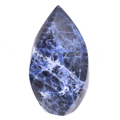 Polished 10.5cm piece of natural sodalite gemstone in the shape of a flame. Buy online shop.
