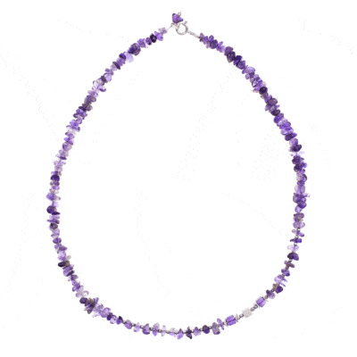 Handmade necklace with small, polished pieces of natural amethyst gemstone in an irregular and cubic shape and natural faceted hematite gemstones in a spherical shape. The necklace has decorative elements and clasp made from sterling silver. Buy online shop.