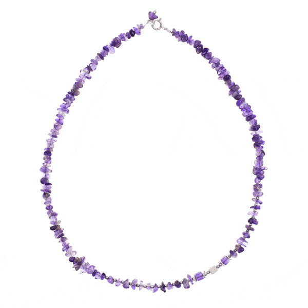 Handmade necklace with small, polished pieces of natural amethyst gemstone in an irregular and cubic shape and natural faceted hematite gemstones in a spherical shape. The necklace has decorative elements and clasp made from sterling silver. Buy online shop.