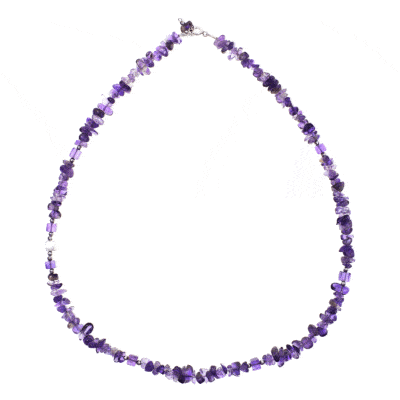 Handmade necklace with small, polished pieces of natural amethyst gemstone in an irregular and cubic shape and natural faceted hematite gemstones in a spherical shape. The necklace has decorative elements and clasp made from sterling silver. Buy online shop.