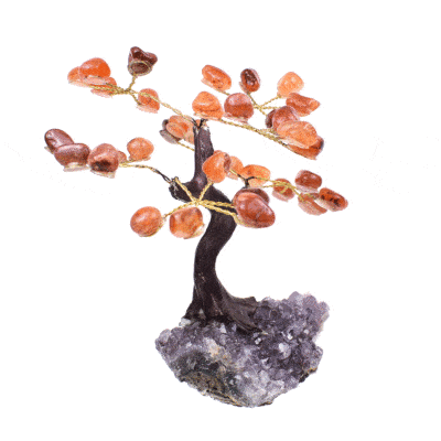 Handmade tree with leaves of natural baroque carnelian gemstones and rough amethyst base. The tree has a height of 12cm. Buy online shop.
