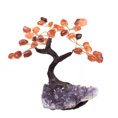Handmade tree with leaves of natural baroque carnelian gemstones and rough amethyst base. The tree has a height of 12cm. Buy online shop.