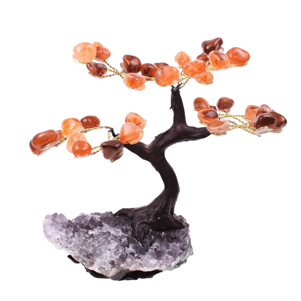 Handmade tree with leaves of natural baroque carnelian gemstones and rough amethyst base. The tree has a height of 12cm. Buy online shop.