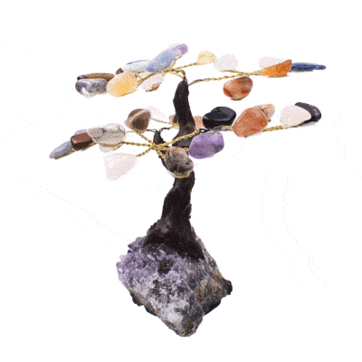 Handmade tree with a base of natural, rough amethyst gemstone and leaves of natural, baroque citrine quartz, amethyst, rose quartz, jasper, sodalite, onyx, carnelian, tiger's eye and blue quartz gemstones. Buy online shop.