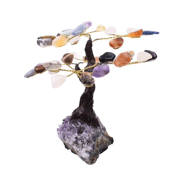 Handmade tree with a base of natural, rough amethyst gemstone and leaves of natural, baroque citrine quartz, amethyst, rose quartz, jasper, sodalite, onyx, carnelian, tiger's eye and blue quartz gemstones. Buy online shop.