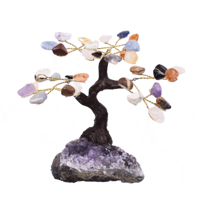 Handmade tree with a base of natural, rough amethyst gemstone and leaves of natural, baroque citrine quartz, amethyst, rose quartz, jasper, sodalite, onyx, carnelian, tiger's eye and blue quartz gemstones. Buy online shop.