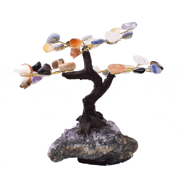 Handmade tree with a base of natural, rough amethyst gemstone and leaves of natural, baroque citrine quartz, amethyst, rose quartz, jasper, sodalite, onyx, carnelian, tiger's eye and blue quartz gemstones. Buy online shop.