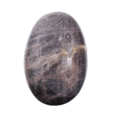 Polished 8.5cm pebble of natural black moonstone gemstone. Buy online shop.