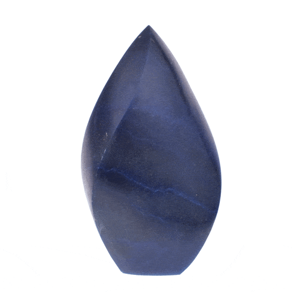 Polished 14cm piece of natural blue quartz gemstone in the shape of a flame. Buy online shop.