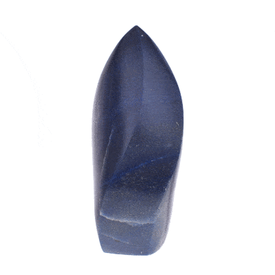 Polished 14cm piece of natural blue quartz gemstone in the shape of a flame. Buy online shop.