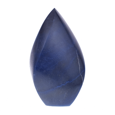 Polished 14cm piece of natural blue quartz gemstone in the shape of a flame. Buy online shop.