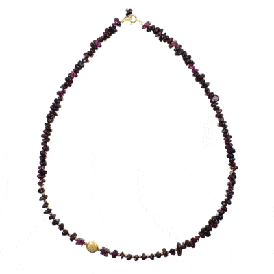 Handmade necklace with small, polished pieces of natural garnet gemstone in an irregular shape and faceted pyrite gemstones in a spherical shape. The bracelet has decorative elements and clasp made from gold plated sterling silver. Buy online shop.