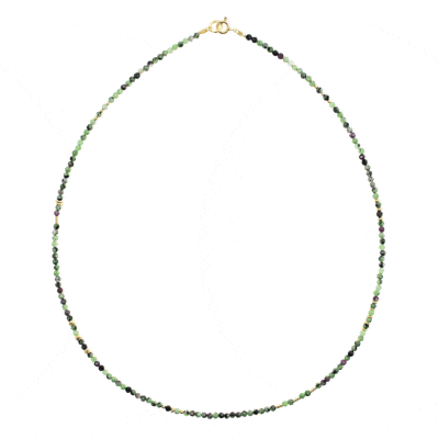 Handmade necklace made of faceted, natural anyolite gemstones in a spherical shape and gold plated steriling silver decorative elements. Buy online shop.