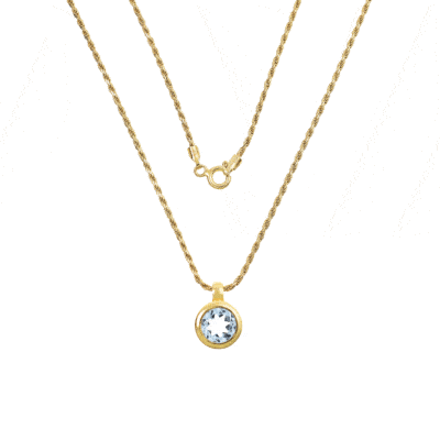 Handmade round shaped pendant made of gold plated sterling silver and faceted natural blue topaz gemstone. The pendant is threaded on a gold plated sterling silver chain. Buy online shop.