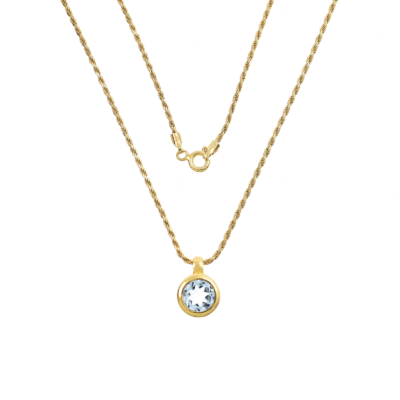 Handmade round shaped pendant made of gold plated sterling silver and faceted natural blue topaz gemstone. The pendant is threaded on a gold plated sterling silver chain. Buy online shop.