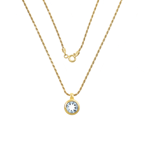 Handmade round shaped pendant made of gold plated sterling silver and faceted natural blue topaz gemstone. The pendant is threaded on a gold plated sterling silver chain. Buy online shop.