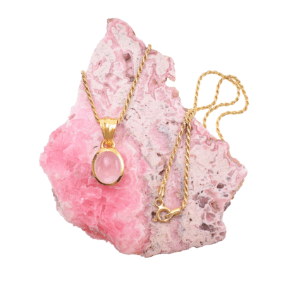 Handmade oval shaped pendant made of gold plated sterling silver and natural rose quartz gemstone. The pendant is threaded on a gold plated sterling silver chain. Buy online shop.