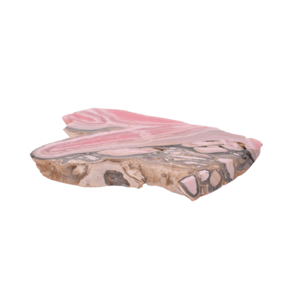 Polished 9.5cm slice of natural rhodochrosite gemstone. Buy online shop.