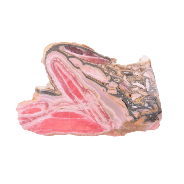 Polished 9.5cm slice of natural rhodochrosite gemstone. Buy online shop.