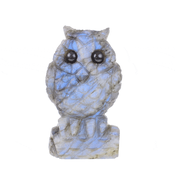 Handcarved 5.5cm owl made from high quality natural labradorite gemstone. Buy online shop.