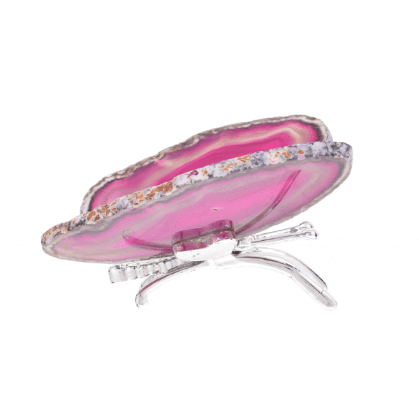 Butterfly with silver plated metallic body and wings made from polished slices of natural Agate gemstone of a pink colour. The butterfly has a size of 11cm. Buy online shop.