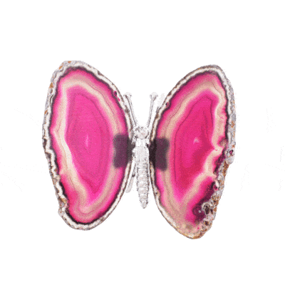 Πεταλούδα με σώμα από επαργυρωμένο μέταλλο και φτερά από γυαλισμένες φέτες φυσικής πέτρας Αχάτη ροζ χρώματος. Η πεταλούδα έχει μέγεθος 11cm. Αγοράστε online shop.
