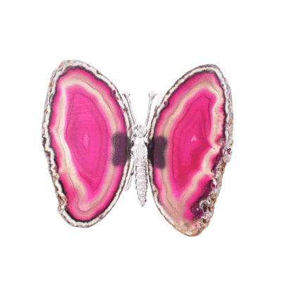 Butterfly with silver plated metallic body and wings made from polished slices of natural Agate gemstone of a pink colour. The butterfly has a size of 11cm. Buy online shop.