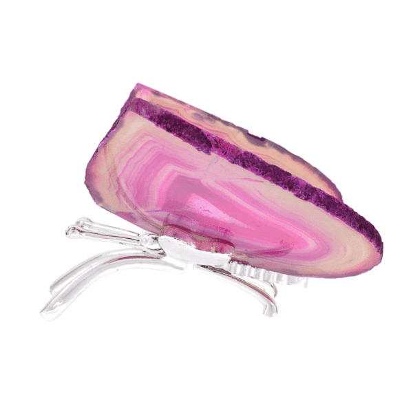 Butterfly with silver plated metallic body and wings made from polished slices of natural Agate gemstone of a pink colour. The butterfly has a size of 13.5cm. Buy online shop.