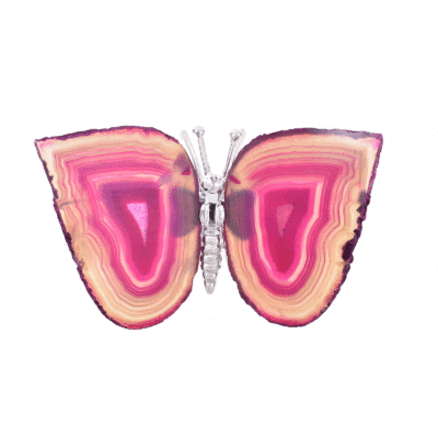 Butterfly with silver plated metallic body and wings made from polished slices of natural Agate gemstone of a pink colour. The butterfly has a size of 13.5cm. Buy online shop.