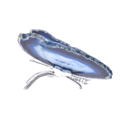 Butterfly with silver plated metallic body and wings made from polished slices of natural blue agate gemstone. The butterfly has a size of 13cm. Buy online shop.