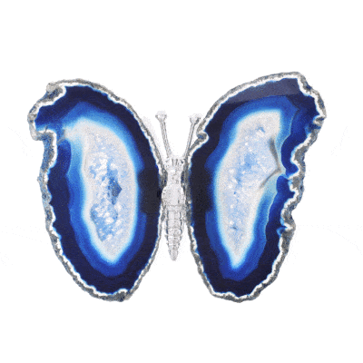 Πεταλούδα με σώμα από επαργυρωμένο μέταλλο και φτερά από γυαλισμένες φέτες φυσικής πέτρας Αχάτη μπλε χρώματος. Η πεταλούδα έχει μέγεθος 13cm. Αγοράστε online shop.