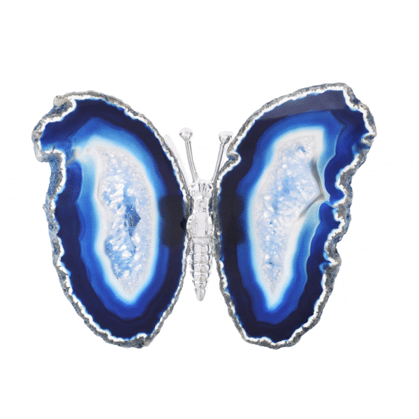 Butterfly with silver plated metallic body and wings made from polished slices of natural blue agate gemstone. The butterfly has a size of 13cm. Buy online shop.