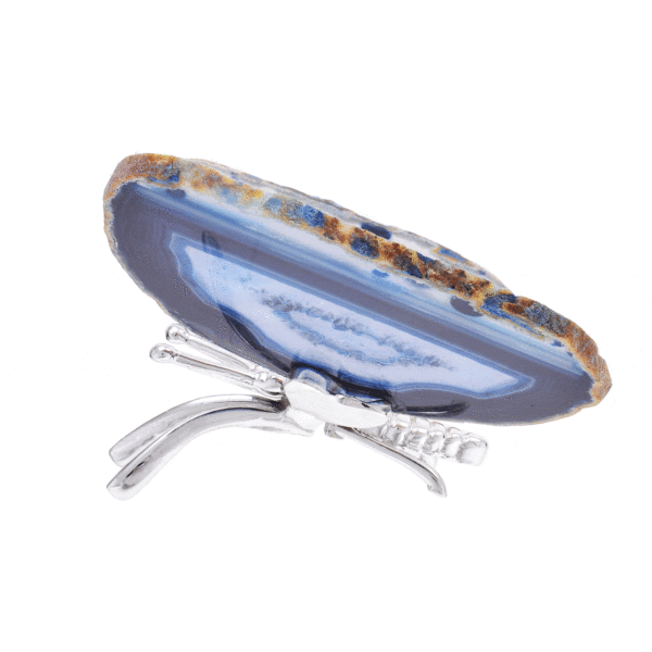 Butterfly with silver plated metallic body and wings made from polished slices of natural blue agate gemstone. The butterfly has a size of 13cm. Buy online shop.