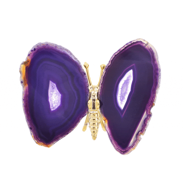 Butterfly with silver plated metallic body and wings made from polished slices of natural purple agate gemstone. The butterfly has a size of 12.5cm. Buy online shop.