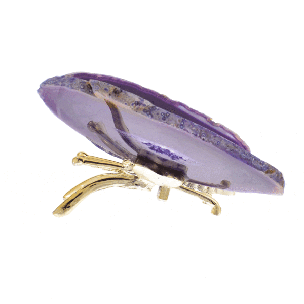 Butterfly with silver plated metallic body and wings made from polished slices of natural purple agate gemstone. The butterfly has a size of 12.5cm. Buy online shop.