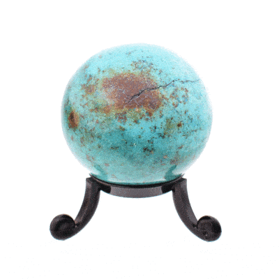 Polished 5cm diameter sphere made from natural chrysocolla gemstone. The sphere comes with a black plexiglass base. Buy online shop.