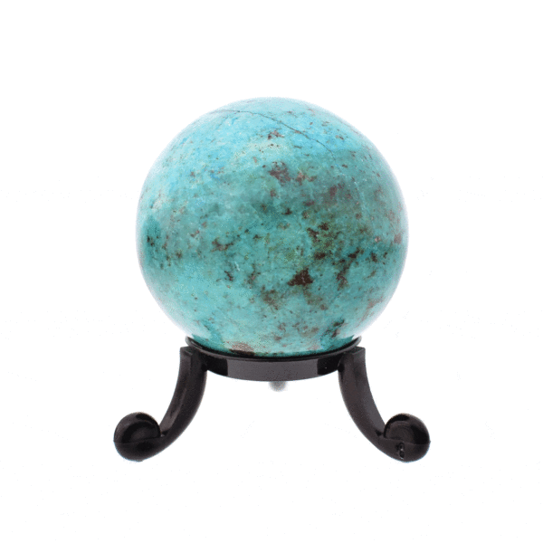 Polished 5cm diameter sphere made from natural chrysocolla gemstone. The sphere comes with a black plexiglass base. Buy online shop.