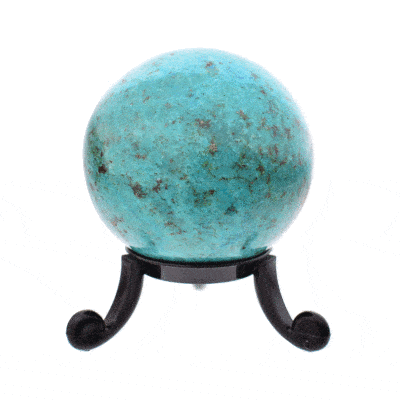 Polished 5cm diameter sphere made from natural chrysocolla gemstone. The sphere comes with a black plexiglass base. Buy online shop.