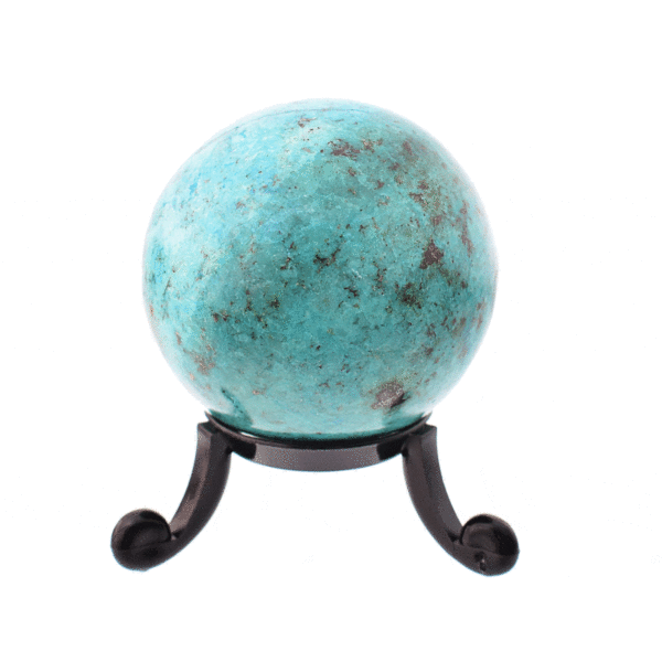 Polished 5cm diameter sphere made from natural chrysocolla gemstone. The sphere comes with a black plexiglass base. Buy online shop.