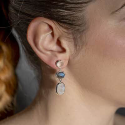 Handmade long sterling silver stud earrings with natural oval shaped grey and white labradorite and round shaped rose quartz gemstones. Buy online shop.