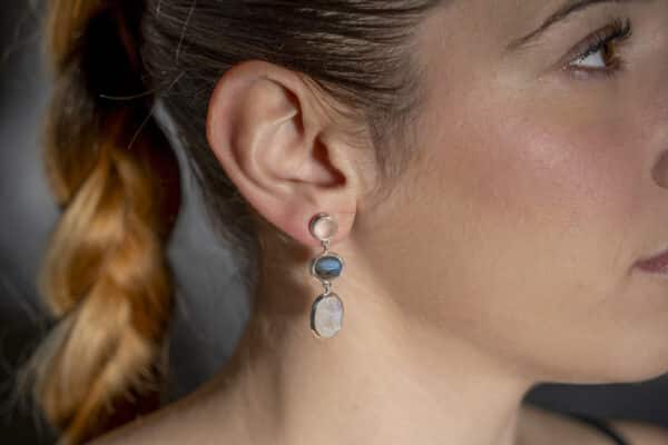 Handmade long sterling silver stud earrings with natural oval shaped grey and white labradorite and round shaped rose quartz gemstones. Buy online shop.