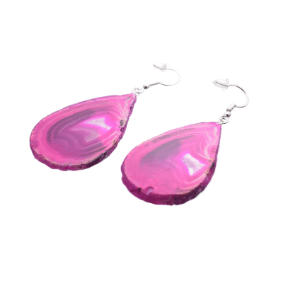 Handmade long earrings made of polished natural pink agate gemstone and hypoallergenic silver plated metal. Buy online shop.