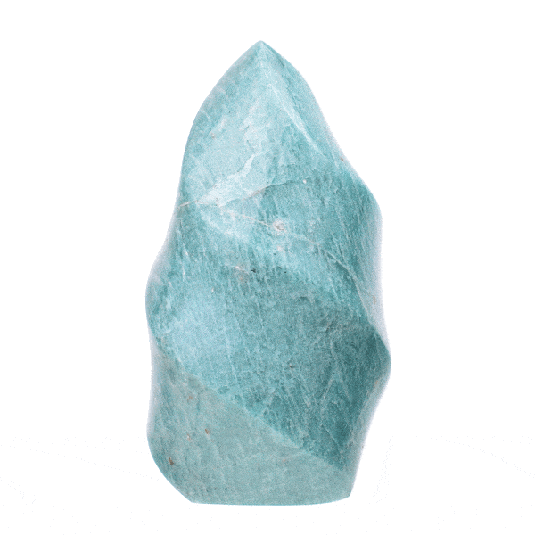 Polished piece of natural amazonite gemstone in the shape of a flame, 11cm high. Buy online shop.