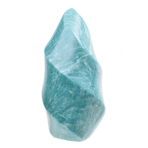 Polished piece of natural amazonite gemstone in the shape of a flame, 11cm high. Buy online shop.