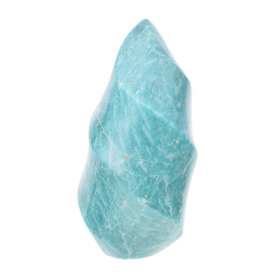 Polished piece of natural amazonite gemstone in the shape of a flame, 11cm high. Buy online shop.