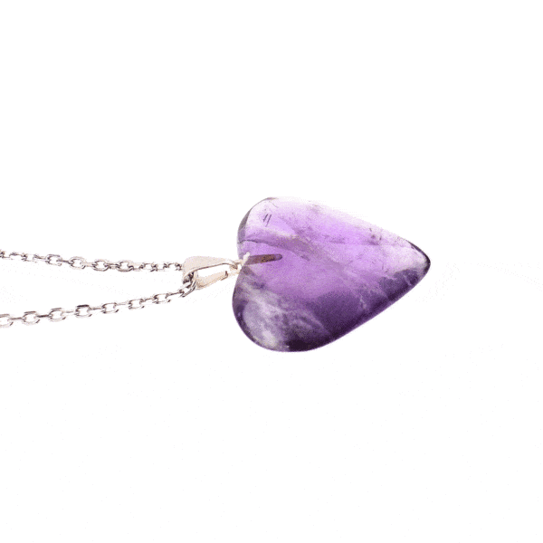 Handcrafted pendant made from natural amethyst gemstone with hypoallergenic silver plated hoop. The pendant is threaded on a handmade silver plated chain. Buy online shop.
