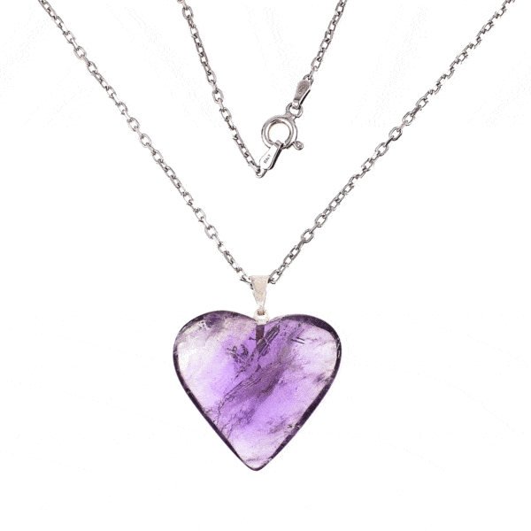Handcrafted pendant made from natural amethyst gemstone with hypoallergenic silver plated hoop. The pendant is threaded on a handmade silver plated chain. Buy online shop.