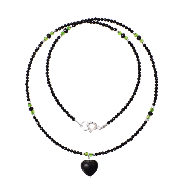 Handmade necklace with natural spherical shaped black spinel and dioptase gemstones and decorative sterling silver elements. In the middle of the necklace there is a natural black obsidian heart. Buy online shop.